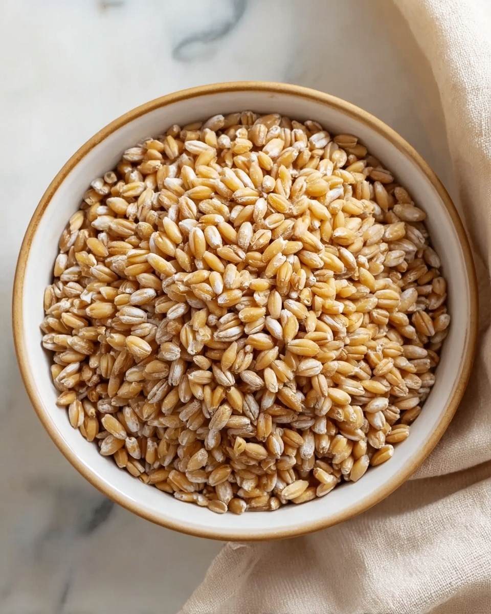 The image shows a close-up of a bowl filled with cooked barley grains. The bowl is white with a light brown rim and sits on a white marbled surface. The barley grains are light golden brown with some white parts showing their cooked texture; they fill the bowl fully, giving a soft and slightly shiny look. There are no other layers or ingredients visible, just the cooked barley grains evenly spread inside the bowl. A beige cloth is partly visible beside the bowl, adding a soft background touch. Photo taken with an iphone --ar 4:5 --v 7