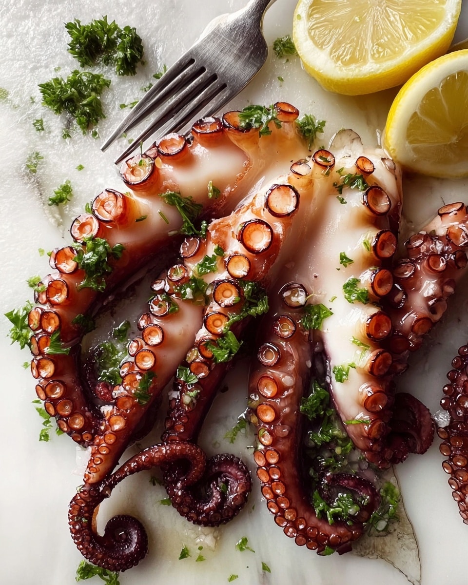 A close-up of several grilled octopus tentacles arranged on a white marbled surface, showing a shiny, slightly charred texture with a mix of light pink and golden brown colors. The tentacles have round suckers that are darker brown and detailed. Bright green chopped parsley is sprinkled over the octopus, adding contrast. Two lemon halves with a pale yellow color sit in the top right corner. A silver fork is placed near the top left, with some parsley on the white marbled surface around it. photo taken with an iphone --ar 4:5 --v 7