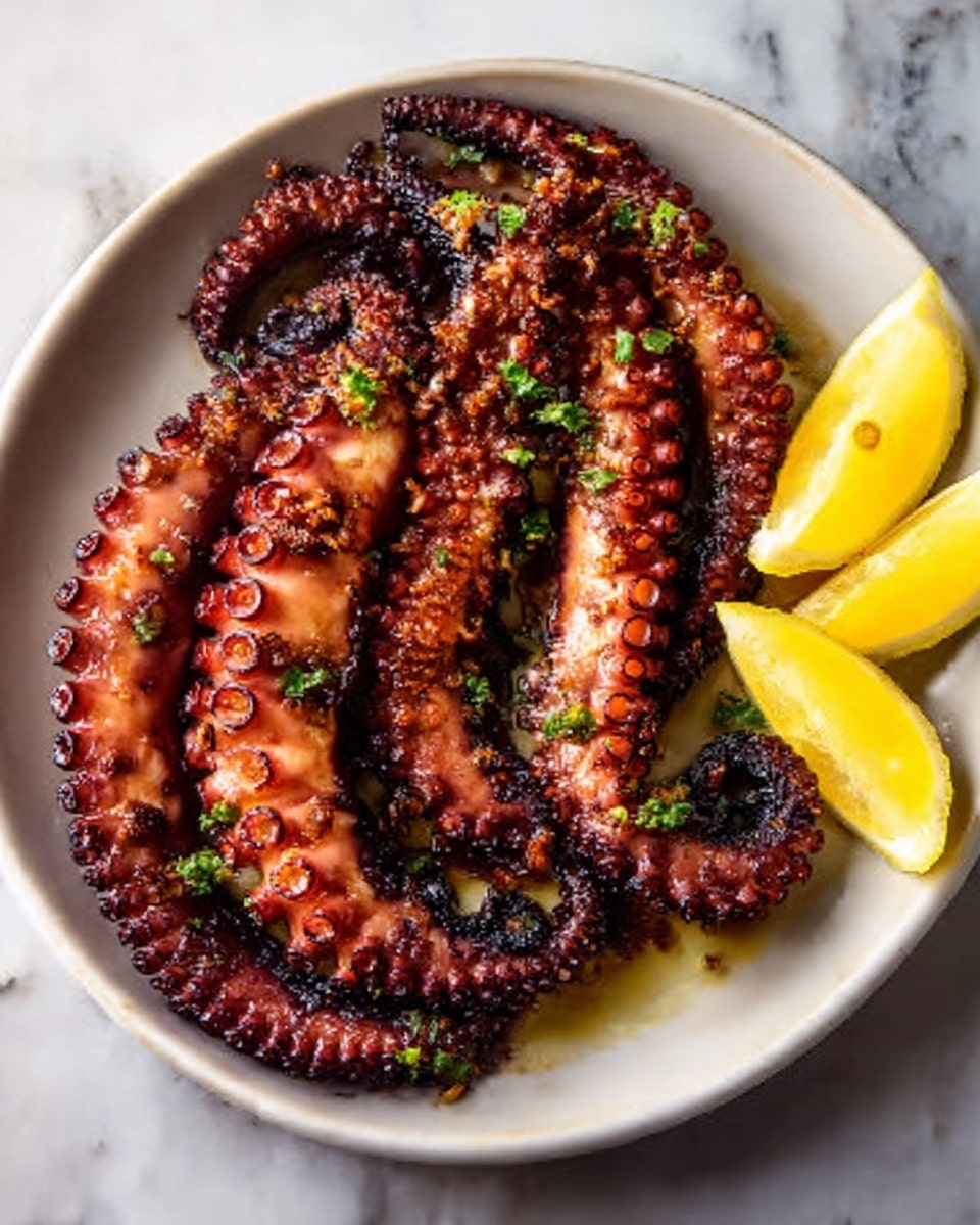 The image shows a dish with three grilled octopus tentacles arranged in a round white plate. The tentacles are dark reddish-brown with a slightly crispy texture and visible suction cups. They are garnished with small green herbs scattered evenly over them. On the side of the plate, there are three bright yellow lemon wedges placed closely together. The plate sits on a white marbled surface. Photo taken with an iphone --ar 4:5 --v 7