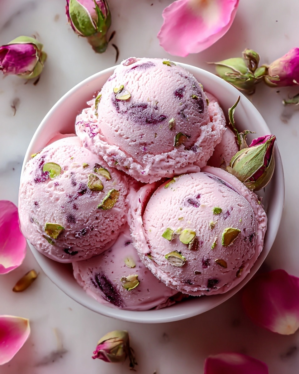 The image shows a white bowl filled with four scoops of pink ice cream with visible bits of green pistachio nuts and dark purple swirls on and inside each scoop. The ice cream has a smooth, creamy texture with small frost crystals on the surface, giving it a fresh look. Around the bowl, there are scattered pink rose petals and unopened rose buds, all placed on a white marbled surface, enhancing the soft pink and green colors of the ice cream. photo taken with an iphone --ar 4:5 --v 7