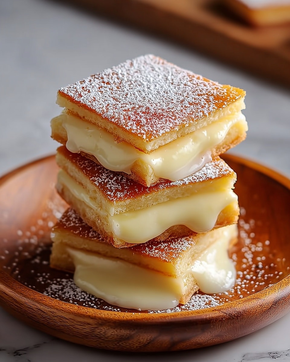 The image shows a stack of three square pieces of dessert on a round white plate with a wooden look, placed on a white marbled surface. Each piece has two layers: the top and bottom are thin, golden-brown with a slightly crisp texture, while the middle layer is creamy and pale yellow, oozing slightly from the edges of the middle piece. The top of the dessert is lightly dusted with fine white powdered sugar. The stack is arranged neatly, with the creamy filling visible between the layers. Photo taken with an iphone --ar 4:5 --v 7