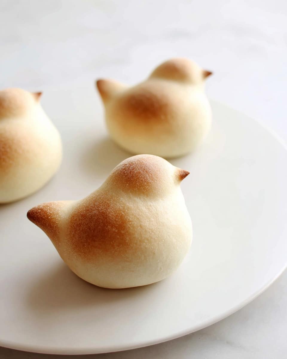 The image shows three small bread rolls shaped like little birds with rounded bodies and pointed beaks, each having a light golden-brown top gradually fading to a pale beige color on the rounded bottom. The breads have a smooth, soft texture with a subtle matte finish. They are placed spaced apart on a plain white plate resting on a white marbled surface, with soft natural lighting highlighting their gentle curves. photo taken with an iphone --ar 4:5 --v 7