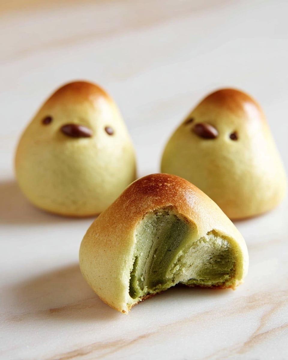 Three small bird-shaped pastries sit on white marbled texture, with one in the front showing a bite taken out, revealing soft, layered green filling inside. The outer shells are smooth and golden brown at the tips, fading to light yellow towards the bottom. The back two pastries remain whole, showing a gentle smiling face shape with a slightly glossy, baked surface. The overall look is soft and delicate with a cute, playful design. Photo taken with an iphone --ar 4:5 --v 7