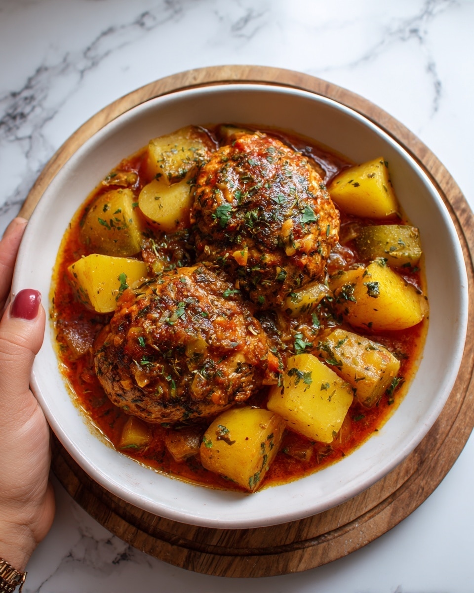 The image shows a white bowl filled with a layered dish that has two large pieces of cooked meat or chicken on top, which are golden brown and covered in a thick sauce with visible herbs and spices. The meat is surrounded by chunks of yellow and light green vegetables, likely potatoes and celery, that appear soft and slightly shiny. The bowl sits on a round wooden coaster, placed on a white marbled surface. In the top left corner, a woman's hand is holding the edge of the bowl. Photo taken with an iphone --ar 4:5 --v 7