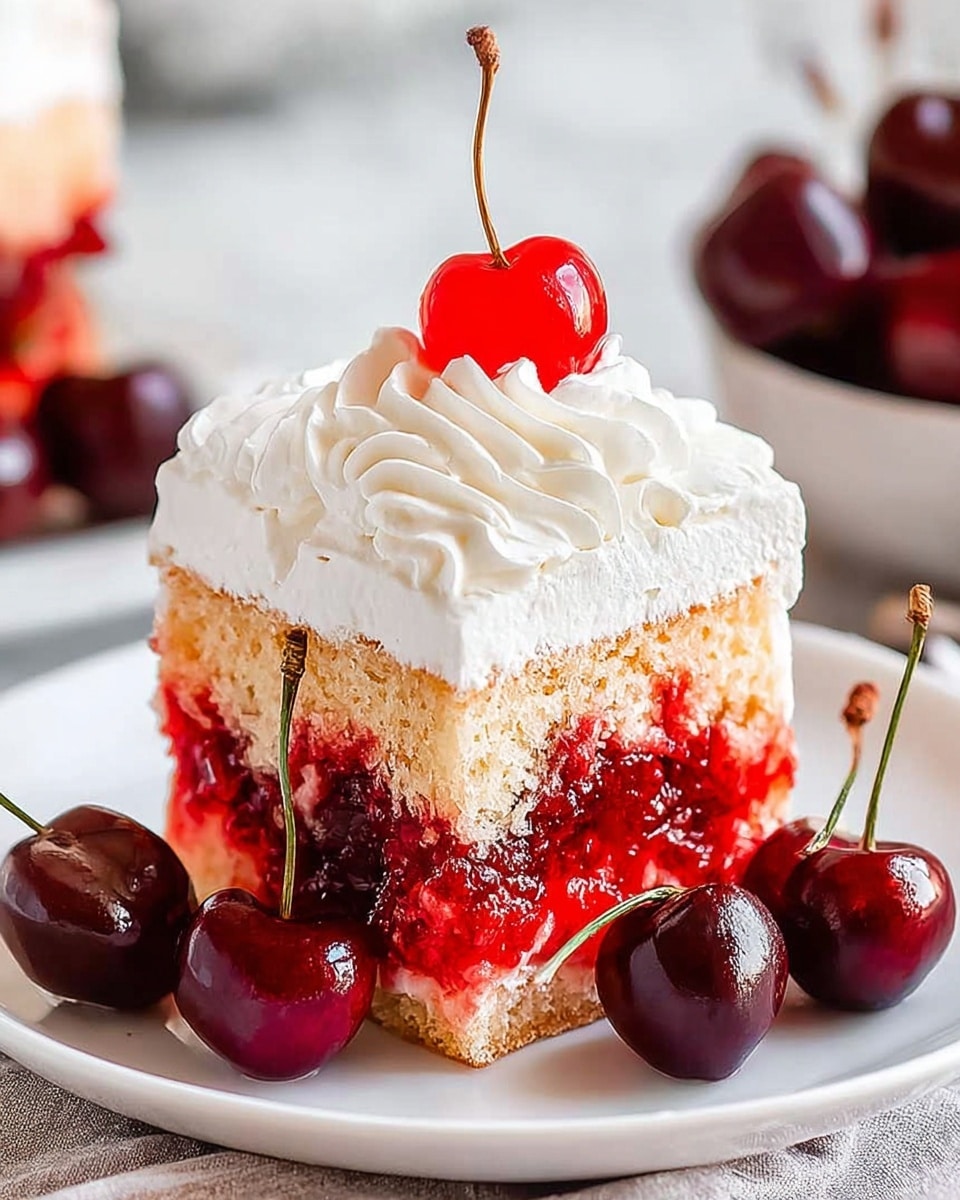 A square slice of cake with two layers is shown, the bottom layer is a sponge cake soaked with bright red syrup creating red and light tan spots, and the top layer is thick white whipped cream with soft swirls around the edges. A single shiny red cherry with a long stem sits in the center on top of the whipped cream. Next to the cake on the white plate are three more shiny dark red cherries with stems. The setting includes a white marbled surface in the background. photo taken with an iphone --ar 4:5 --v 7