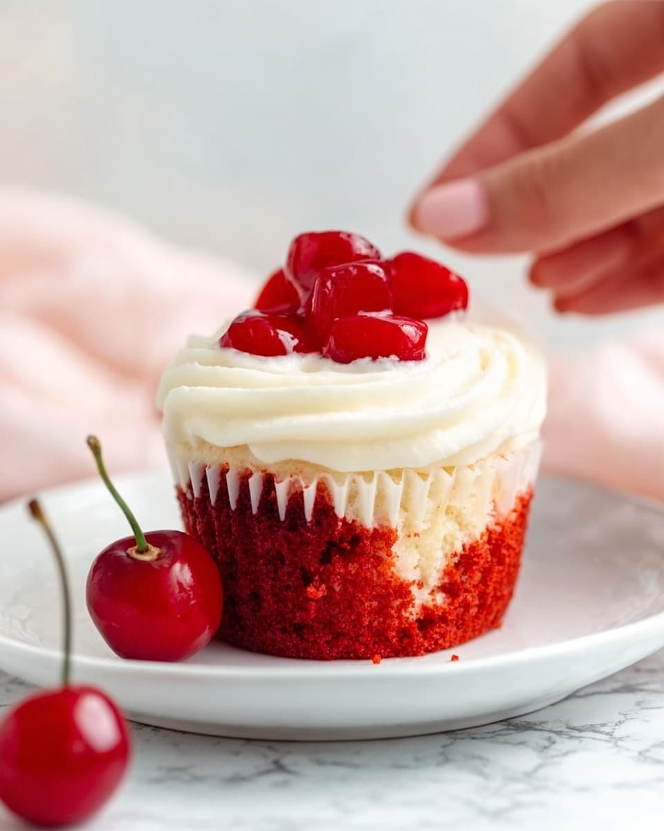 The image shows a single cupcake on a white plate placed on a white marbled surface. The cupcake has two layers: the bottom layer is red with a moist texture, and the top layer is creamy white frosting, smooth and thick, with glossy red cherry pieces on top. A fresh cherry sits beside the cupcake on the plate. A woman's hand is about to pick up the cupcake. Photo taken with an iphone --ar 4:5 --v 7