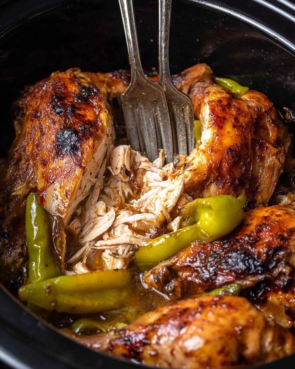 A close-up view of a cooked chicken dish inside a black pot, showing three large pieces of golden-brown roasted chicken with some charred spots on the skin. The chicken is wet and shiny with juices pooling at the bottom of the pot, surrounded by several bright green pepperoncini peppers. Two silver forks with worn handles are pulling apart the tender white shredded chicken in the center. The background is dark, highlighting the texture and color of the meat and peppers. photo taken with an iphone --ar 4:5 --v 7