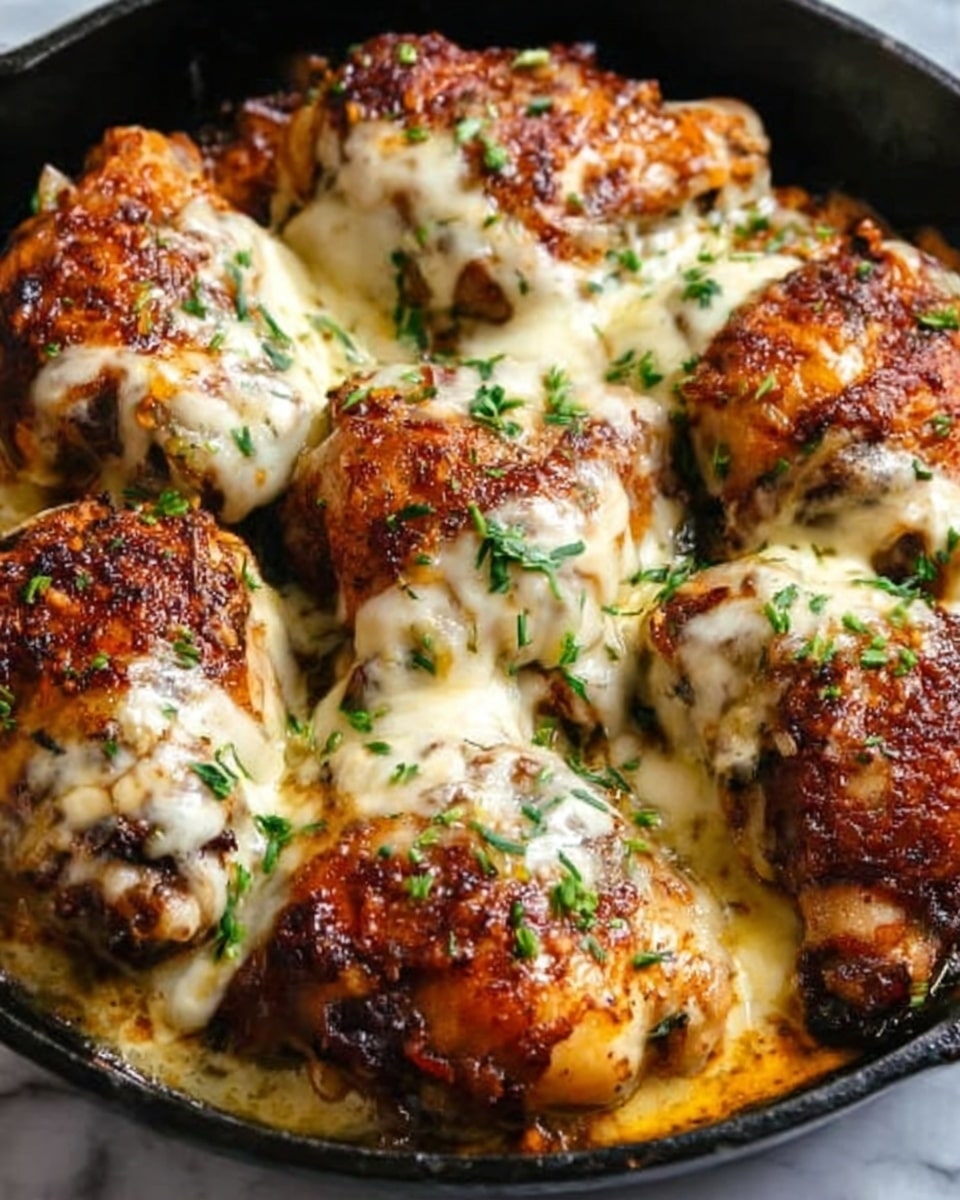The image shows a close-up of a skillet filled with cooked chicken drumsticks and thighs. The chicken is browned and crispy with a golden color, covered in melted cheese that is creamy and slightly browned on top. Small green herb pieces are sprinkled over the cheese, adding a fresh touch. The skillet holds a thick layer of chicken with cheese evenly melted over each piece. The background is a white marbled texture. Photo taken with an iphone --ar 4:5 --v 7