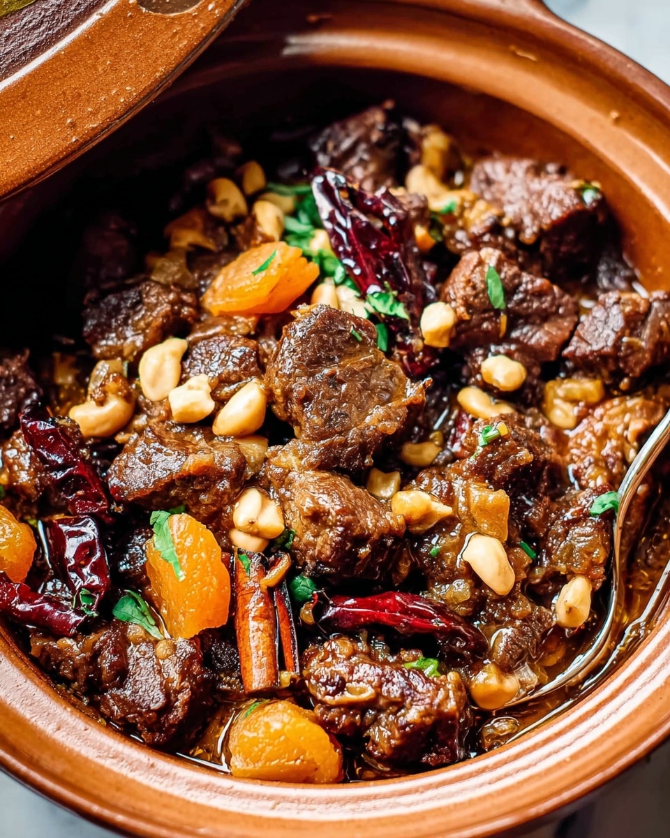A close-up view of a stew in a round clay pot with its lid partially open, showing many small, dark brown beef chunks cooked in a rich, glossy sauce. The stew includes bright orange apricot pieces, slivered almonds, whole dried red chili peppers, and whole cinnamon sticks scattered evenly. Small bits of light green herbs peek through the mix, adding fresh contrast. The sauce surrounds all ingredients with a slightly shiny texture, suggesting a thick but smooth liquid. The pot is placed on a white marbled surface. Photo taken with an iphone --ar 4:5 --v 7