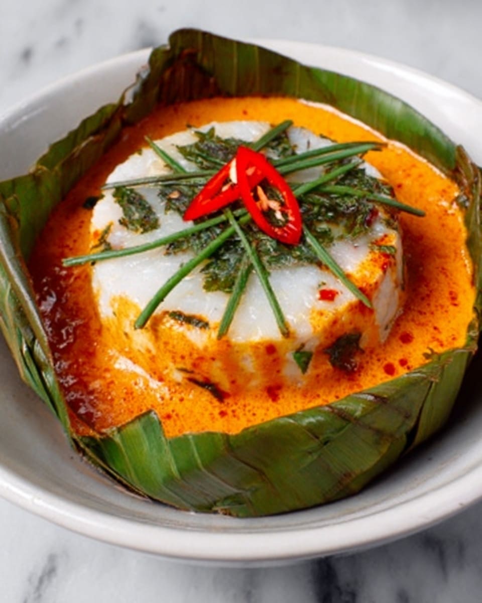 A white bowl holds a round dish wrapped in a green banana leaf cup with some parts peeled back to show the food inside. The bottom layer is an orange, creamy sauce with a smooth texture. On top of this is a round, white layer that looks soft and slightly shiny. Thin green strips, possibly herbs, decorate the white layer, with small red chili slices placed in the center. The bowl sits on a white marbled surface. Photo taken with an iphone --ar 4:5 --v 7