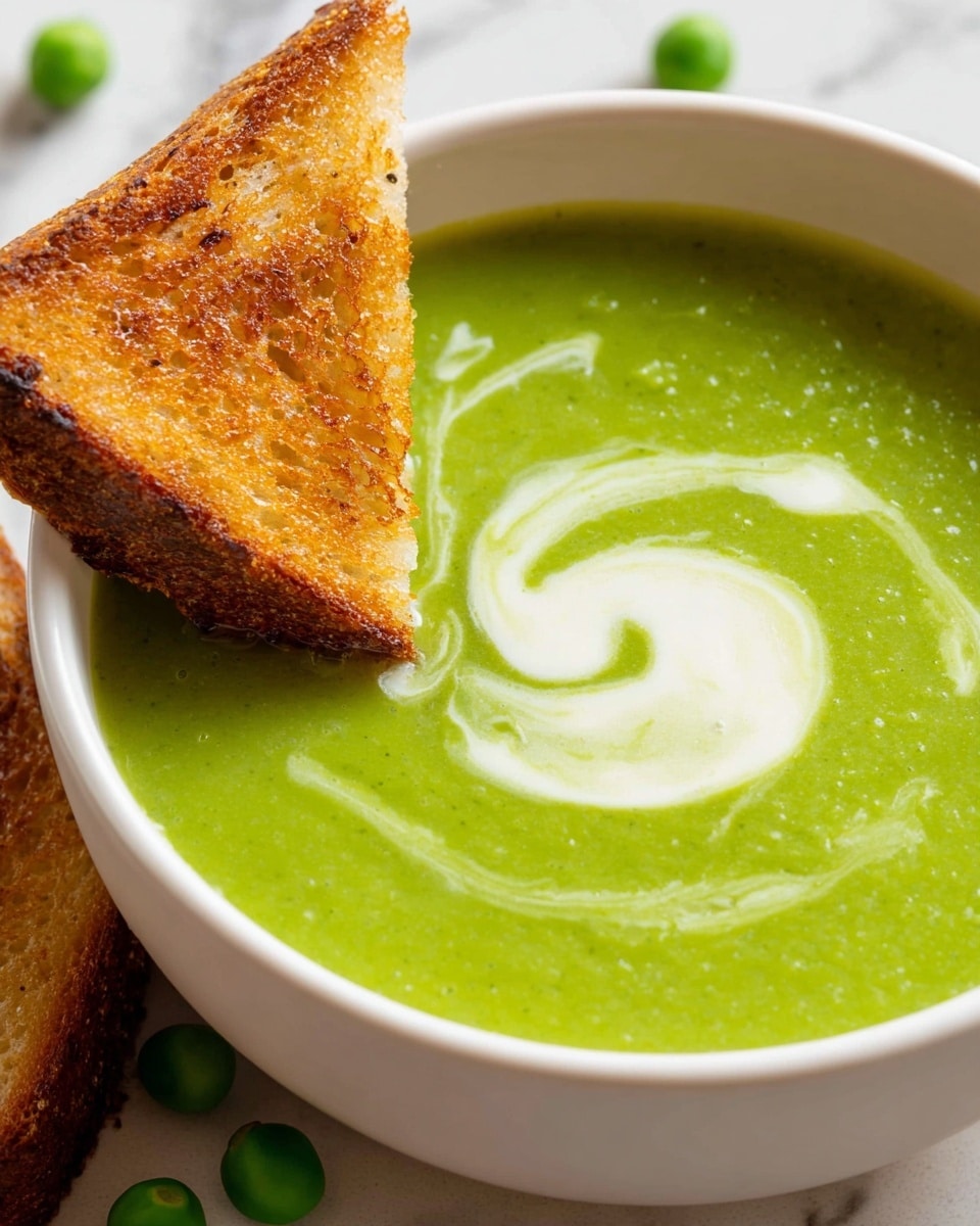 A white bowl filled with smooth, bright green pea soup, topped with a swirl of white cream in the center. A single toasted triangle of golden-brown bread with a slightly crispy texture rests on the edge of the bowl. There are a few fresh green peas scattered around the bowl on a white marbled surface. The photo focuses closely on the bowl and bread, showing the creamy texture of the soup and the crispy detail of the toast. Photo taken with an iphone --ar 4:5 --v 7