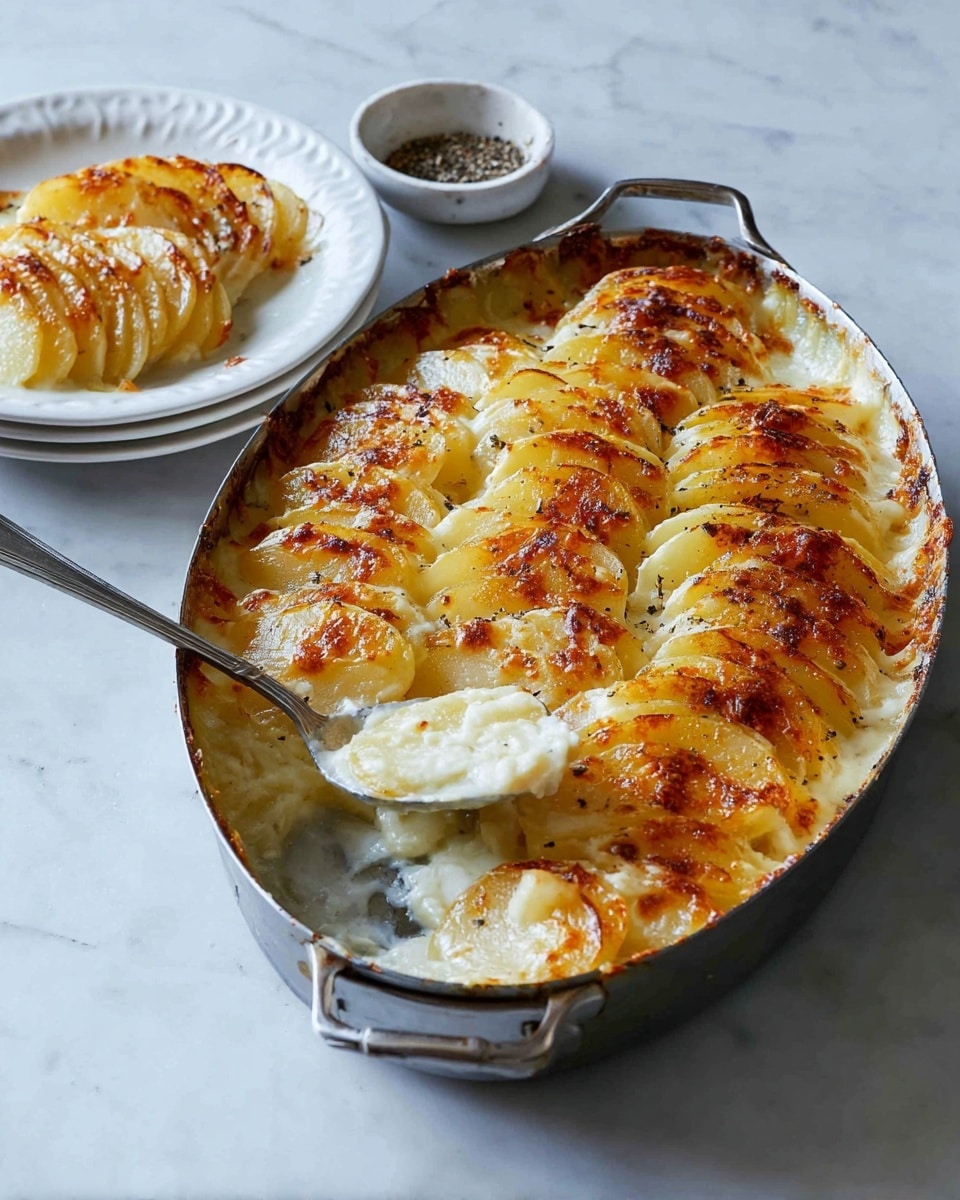 A metal oval dish with one handle holds a layered potato gratin. The potatoes are thinly sliced and stacked upright in several rows, creating about five visible vertical layers. The top layer is golden-brown and crispy with a slightly melted cheese look. Beneath, the potatoes are creamy white with some soft sauce visible. A metal spoon inside the dish lifts a piece showing the creamy white inside. Next to the dish is a white plate with a smaller portion of the same potato gratin, showing the golden top and creamy inside. The background is a white marbled texture, with a small white bowl holding pepper beside the metal dish. photo taken with an iphone --ar 4:5 --v 7