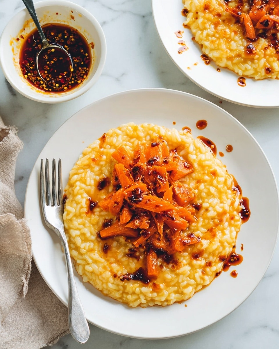 The image shows a white plate with a creamy yellow risotto spread evenly as the first layer, topped with a second layer of orange carrot pieces arranged in a small pile in the center. Dark red chili oil sauce is drizzled over the carrots and risotto with some of the sauce pooling in small spots. A silver fork rests on the left side of the plate. In the background, a small white bowl filled with more dark red chili oil sauce with visible chili flakes is placed on a white marbled surface along with a silver spoon inside it. Another white plate with the same dish is half visible to the right. Photo taken with an iphone --ar 4:5 --v 7