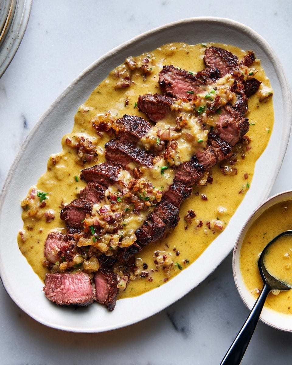 A white oval plate sits on a white marbled surface, holding sliced medium-rare steak pieces arranged in a slightly overlapping row. The steak has a rich brown crust with a pink interior. On top and around the steak is a thick, creamy yellow sauce with small bits of chopped ingredients mixed in, some of it pooling beneath the meat. To the right, there is a small white bowl with the same yellow sauce and a black spoon resting inside. photo taken with an iphone --ar 4:5 --v 7
