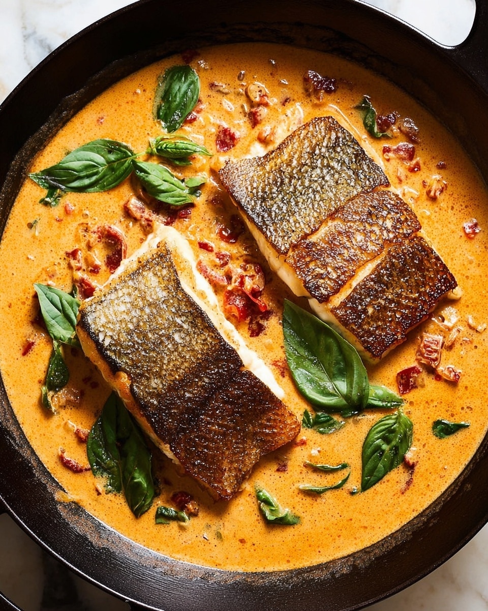 A black cast iron skillet holds a creamy orange sauce with a smooth texture, dotted with small pieces of ingredients like finely chopped red and white bits. On top, two pieces of cooked fish with crispy, golden-brown skin are placed side by side, showing a slightly flaky texture at the edges. Bright green basil leaves are scattered over the fish and sauce, adding contrast with their fresh, smooth surfaces. The skillet sits on a white marbled texture background. Photo taken with an iphone --ar 4:5 --v 7