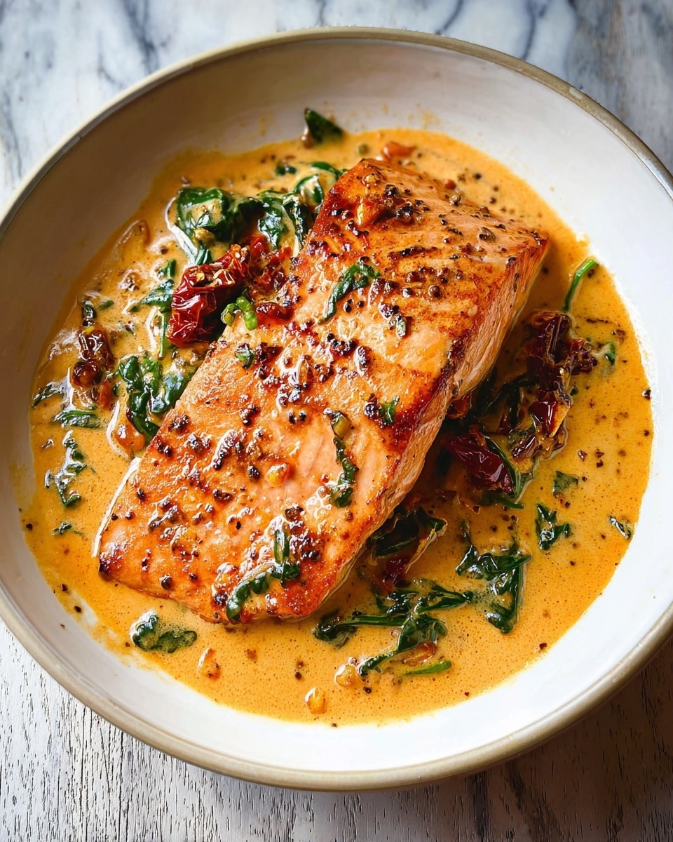 A white shallow bowl contains a single large piece of cooked salmon placed slightly off-center, showing a lightly browned, crispy top layer with visible black pepper specks and char marks. The salmon has a pinkish-orange color and is surrounded by a creamy orange sauce with green spinach leaves and red sun-dried tomatoes dispersed throughout. The sauce has a smooth texture with slight oil separation, pooling around the salmon and covering the bottom of the bowl. The background is a white marbled texture. photo taken with an iphone --ar 4:5 --v 7
