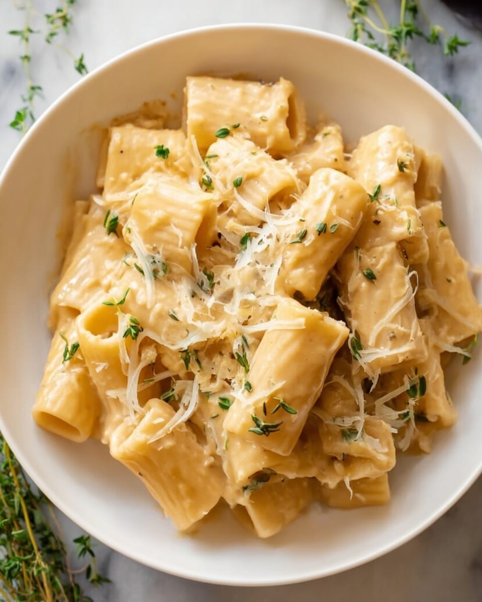 The image shows a white bowl filled with rigatoni pasta coated in a creamy, beige-colored sauce. The pasta tubes are thick and arranged loosely, some lying flat while others tilt at different angles. Thin strands of melted cheese stretch over the pasta, adding a slightly glossy texture. Small, fresh green herb leaves, possibly thyme, are sprinkled on top, giving a touch of color contrast. The bowl is set on a white marbled surface, with some green herb sprigs placed nearby. photo taken with an iphone --ar 4:5 --v 7