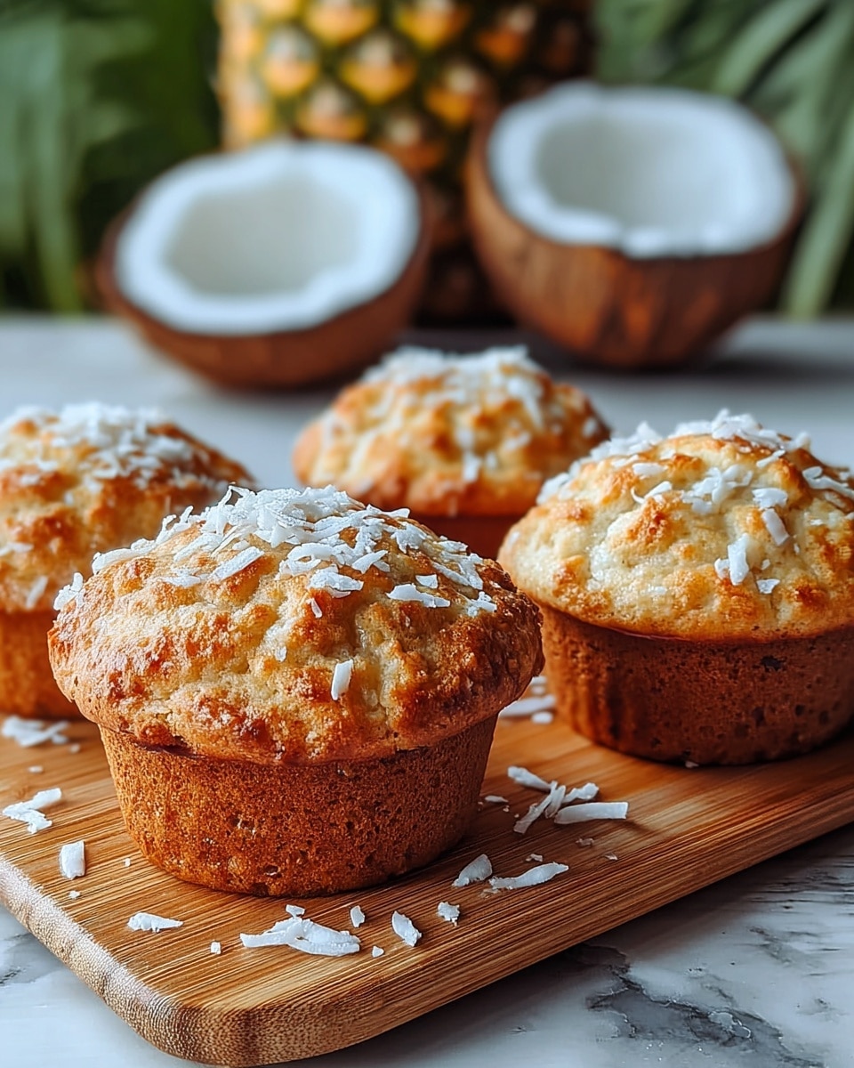 The image shows four golden brown coconut muffins with a slightly crispy top sprinkled with white shredded coconut, each muffin having a rounded, textured dome on top and a moist, dense base. The muffins rest on a light brown wooden board, which also holds some scattered coconut shreds and pieces of white coconut shells with dark brown edges. In the blurred background, there is a large pineapple and a cracked-open coconut with visible white inside, all placed on a white marbled surface. The photo taken with an iphone --ar 4:5 --v 7