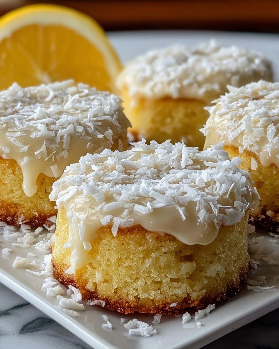The image shows several small round lemon cakes arranged closely on a white square plate placed on a white marbled surface. Each cake has a golden-yellow base with a slightly browned bottom layer, topped with a thick layer of light yellow lemon icing that drips gently over the edges. The cakes are covered with a generous sprinkling of white shredded coconut, giving them a textured appearance. In the background, there is a half slice of fresh lemon adding a bright yellow contrast. The photo is focused on the front cake, capturing fine details of the moist texture and shredded coconut. Photo taken with an iphone --ar 4:5 --v 7