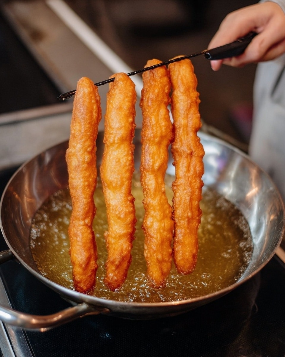 A woman's hand is holding a black skewer with four long, golden-brown fried dough sticks hanging above a large silver pan filled with oil. The sticks have a textured, crispy surface with varying shades of amber and light brown. The background is softly blurred, with darker and neutral tones. The pan is on a black stove, and the overall scene shows the cooking process of the fried dough sticks. photo taken with an iphone --ar 4:5 --v 7