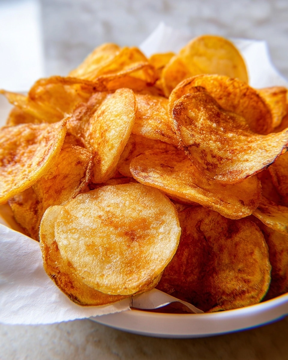 The image shows a close-up view of a pile of golden-brown potato chips placed inside a white bowl lined with white paper. The chips have a crispy texture with uneven edges and slight curls, displaying variations of light yellow and deep orange shades with some darker fried spots. The chips are stacked randomly, filling the bowl fully, and the background has a soft white marbled texture with warm lighting that enhances the rich color of the chips. Photo taken with an iphone --ar 4:5 --v 7