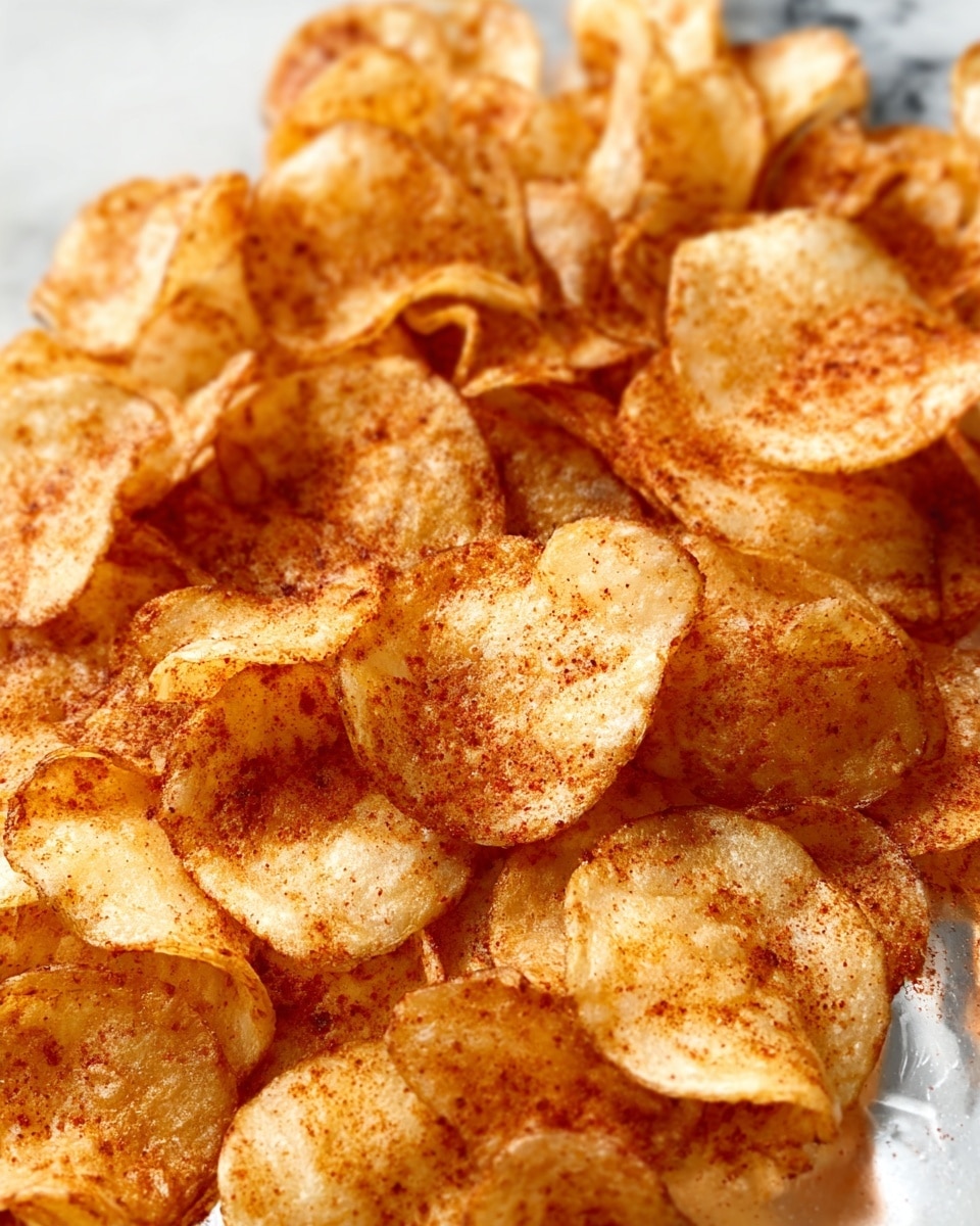 The image shows a close-up of many golden-brown potato chips with an even sprinkling of red seasoning powder on them. The chips have a crispy, slightly curled texture with rough edges, and they are spread out on a shiny white marbled surface. The lighting highlights the chips’ crunchiness and the contrast between the light chips and reddish seasoning. The photo taken with an iphone --ar 4:5 --v 7