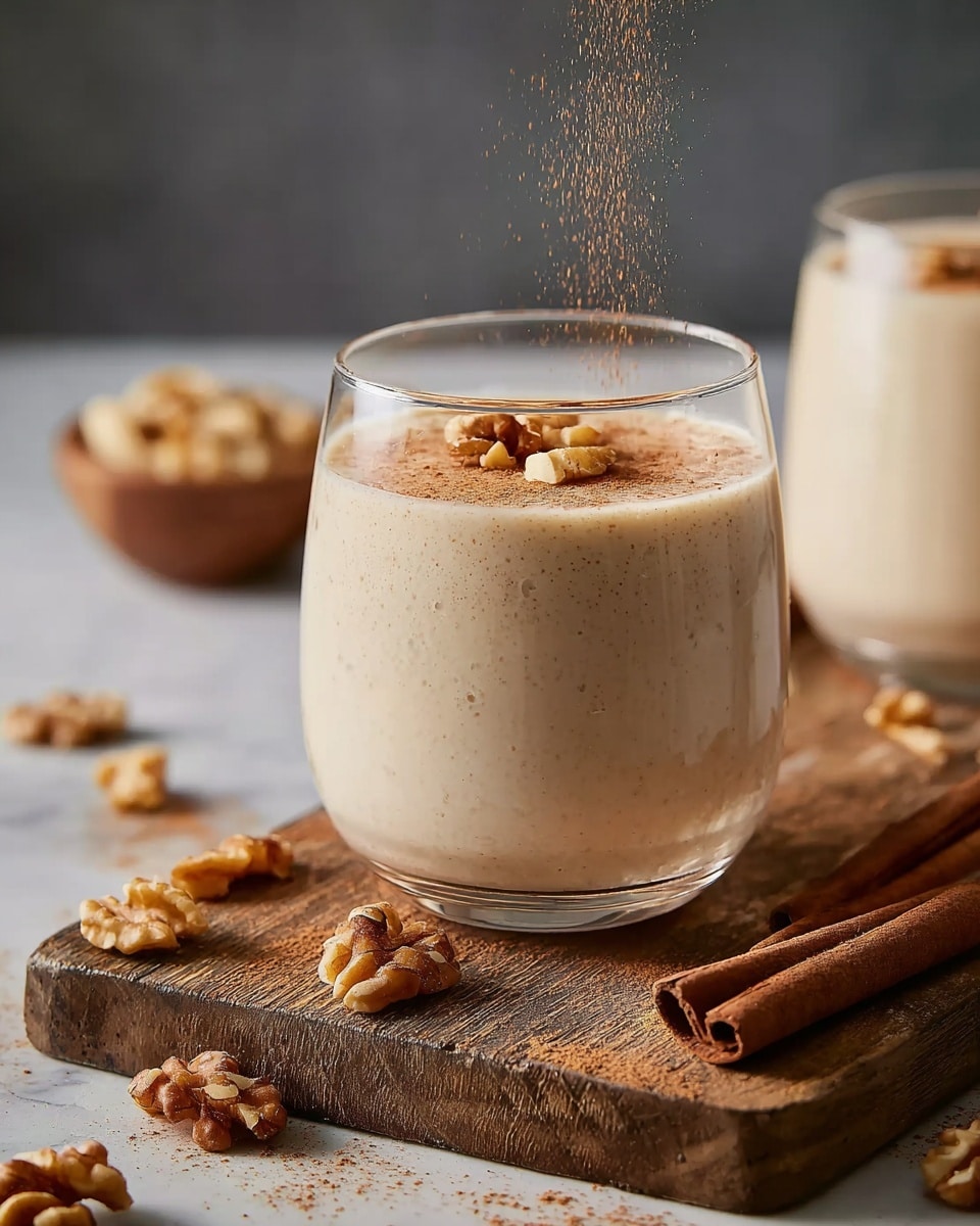 A clear glass filled with a creamy light beige drink is shown with a sprinkle of cinnamon powder falling onto its smooth surface, and some small chunks of walnuts on top. The glass sits on a rough wooden board scattered with more walnut pieces and cinnamon powder. Two cinnamon sticks rest diagonally beside the glass on the board. In the blurred background, there is another similar drink and a small bowl with light-colored nuts. The whole setup is on a white marbled texture. Photo taken with an iphone --ar 4:5 --v 7