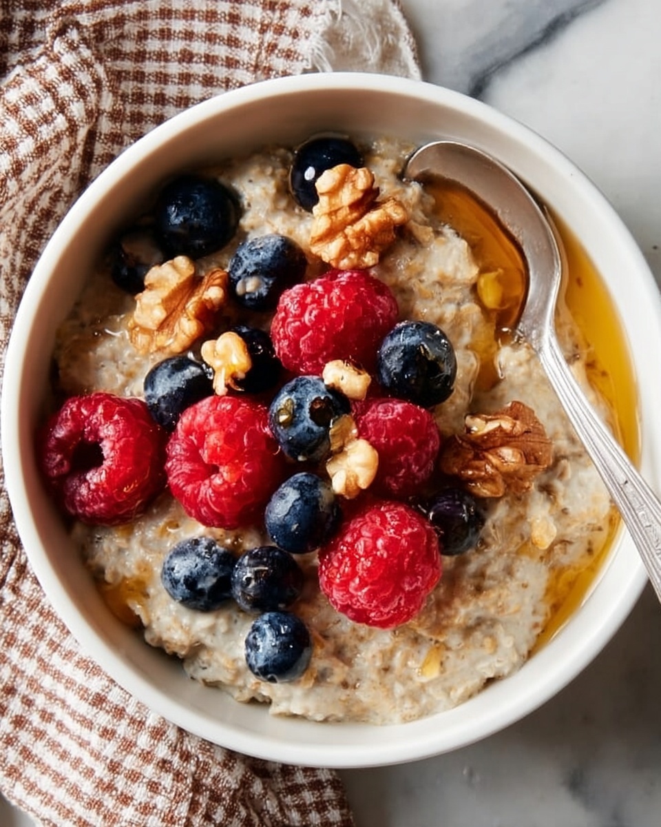 A white bowl filled with creamy oatmeal, light beige in color and slightly textured, topped with fresh, bright red raspberries and deep blue blueberries scattered on top. There are also small pieces of light brown walnuts sprinkled over the fruit, and a shiny drizzle of golden honey that adds a glistening effect. A silver spoon is placed inside the bowl, resting on the oatmeal’s edge. The bowl sits on a white marbled surface with a brown and white checkered cloth nearby. Photo taken with an iphone --ar 4:5 --v 7