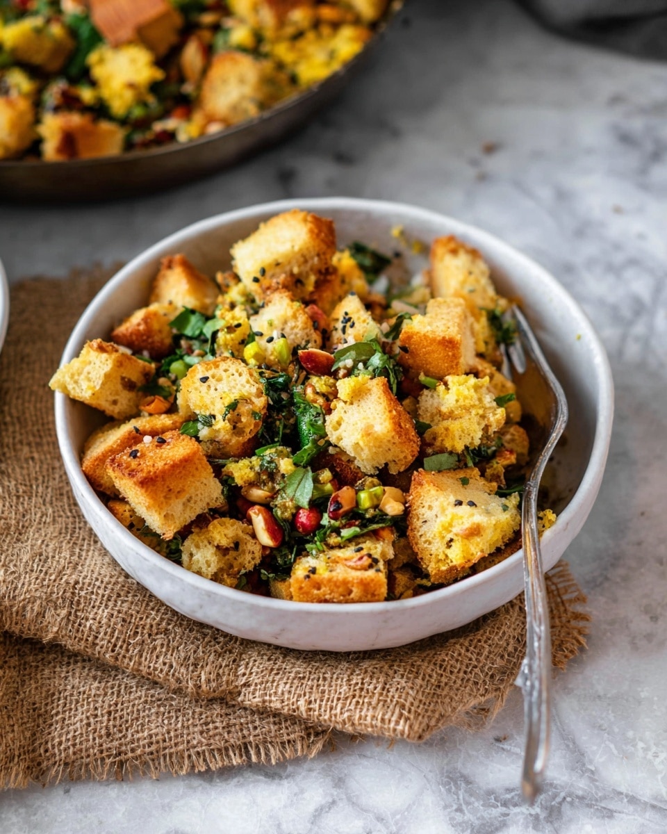 The image shows a white bowl filled with small, golden-brown toasted bread cubes mixed with bright green chopped vegetables, red peanuts, and fresh green herbs, all speckled with tiny black seeds. The bowl sits on a piece of rough, natural-colored burlap cloth, which rests on a white marbled textured surface. A silver fork lies on top of the bread pieces, partially covered by some of the greens. In the background, part of a pan with the same dish is visible, showing more toasted bread cubes and herbs. photo taken with an iphone --ar 4:5 --v 7
