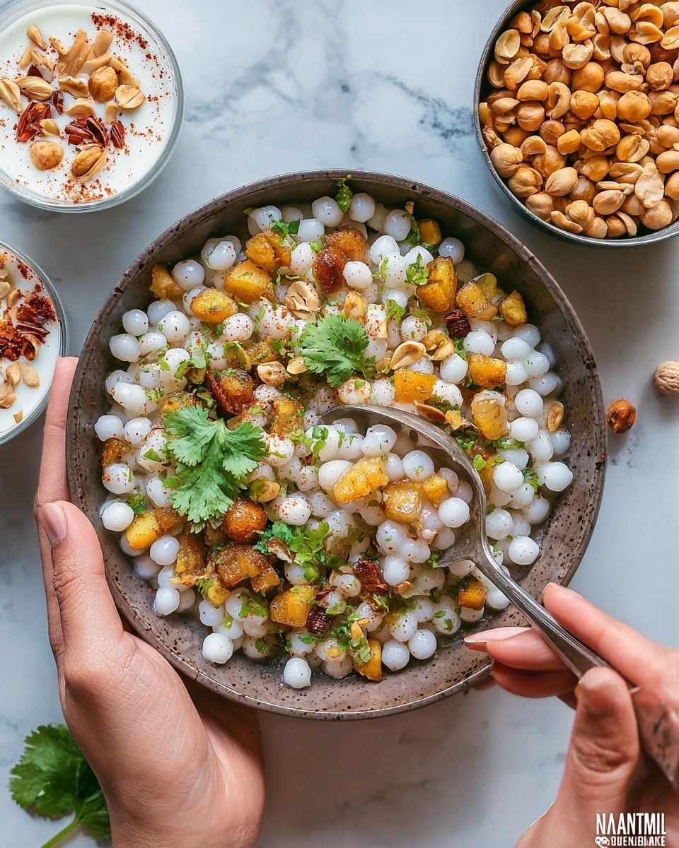 A round bowl filled with white, small round sago pearls mixed with golden brown fried potatoes, peanuts, and bright green coriander leaves scattered on top, giving a fresh touch. The bowl is held by a woman's hand, while the other woman's hand holds a silver spoon scooping from the dish. In the background on a white marbled surface, there are two small white bowls, one containing white yogurt topped with crunchy golden yellow chickpeas and red spices, and the other filled with raw peanuts. Photo taken with an iphone --ar 4:5 --v 7