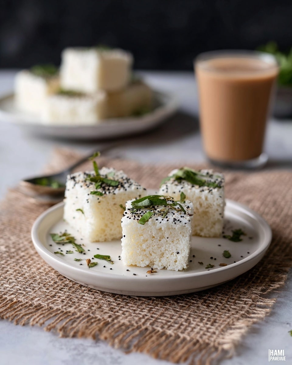 The image shows three square pieces of a light, spongy white cake stacked flat on a simple white plate. Each piece has a layer of tiny black seeds and fresh green curry leaves on top, adding texture and color contrast to the soft white base. Small scattered herb pieces lie on the plate around the cakes, enhancing their fresh look. The plate sits on a textured beige woven mat over a pale white marbled surface. In the background, there is a blurred white plate with more cake pieces and a tall glass filled with a creamy brown drink. Photo taken with an iphone --ar 4:5 --v 7