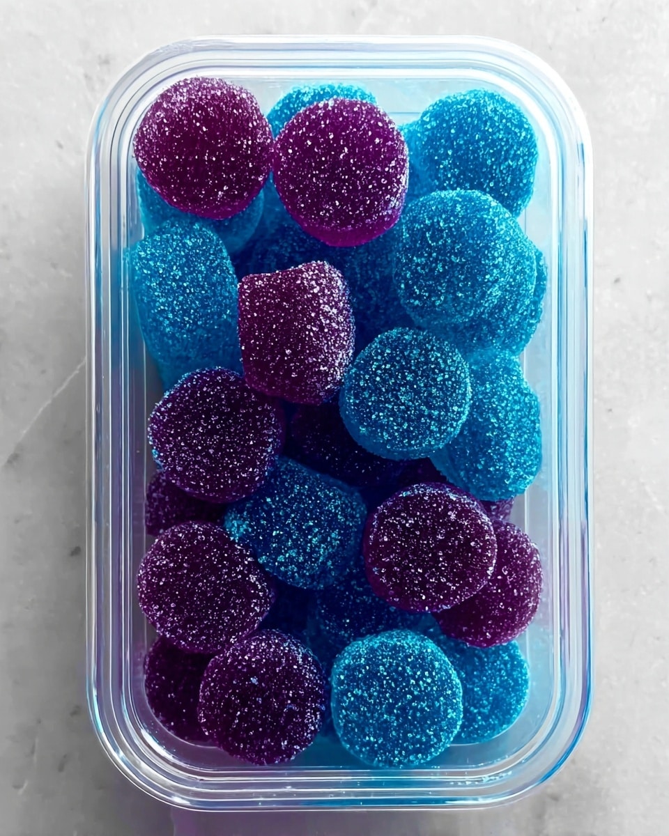 A clear rectangular container holds about twenty round sugar-coated gummies in two colors: bright blue and deep purple. The surface of each gummy has a grainy texture from the sugar crystals, which sparkle under the light. The blue and purple gummies are mixed inside the container, filling it almost to the top. The container is set against a white marbled texture background. photo taken with an iphone --ar 4:5 --v 7