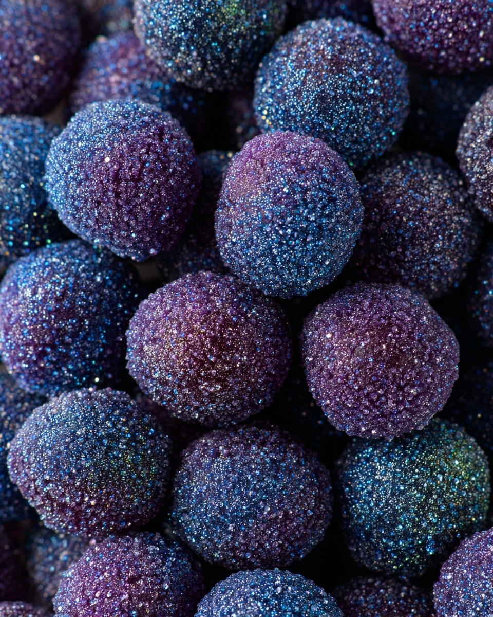 The image shows a close-up view of many small, round candies covered in a rough, sparkling powder. The candies have a deep purplish-blue color underneath the glittering coating that gives them a frosted look. The texture of the candies appears grainy due to the fine sugar-like crystals clinging all over their surface. The colors blend softly with a mix of dark purple and bright icy blue due to the coating, with a few pieces showing hints of green. The candies fill the entire frame with no visible container or background, making the shiny, rough texture of each candy stand out in great detail. photo taken with an iphone --ar 4:5 --v 7