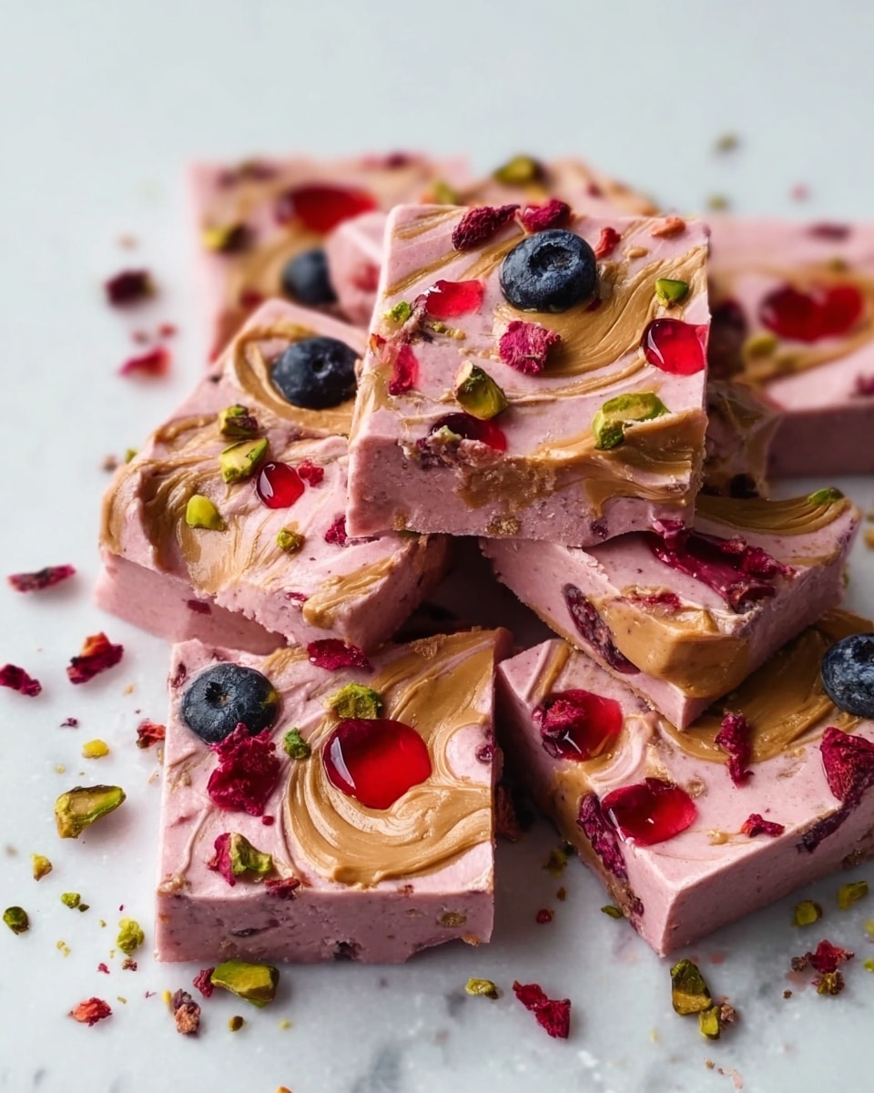 A collection of pink creamy squares stacked and spread on a white marbled surface, each piece decorated with swirls of light brown peanut butter and bright red jelly dollops. Scattered across the top are small green crushed pistachios, freeze-dried red strawberry slices, and a few whole dark blue blueberries, adding pops of color and texture against the smooth pink base. The shapes have uneven edges, giving a homemade look, and some small bits of pistachio and berry are scattered around the pieces on the surface. photo taken with an iphone --ar 4:5 --v 7