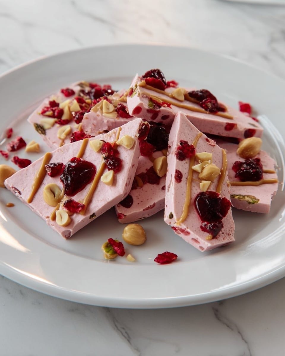 The dish shows several pieces of pink bark-like dessert stacked loosely on a white plate. Each piece has a smooth, light pink base and is topped with dollops of dark red jelly and drizzles of light brown peanut butter. Small red berry bits and whole peanuts are scattered evenly on top, adding texture and color contrast. The pieces are broken into uneven triangles and rectangles, with some overlapping others on the plate, which rests on a white marbled surface. photo taken with an iphone --ar 4:5 --v 7
