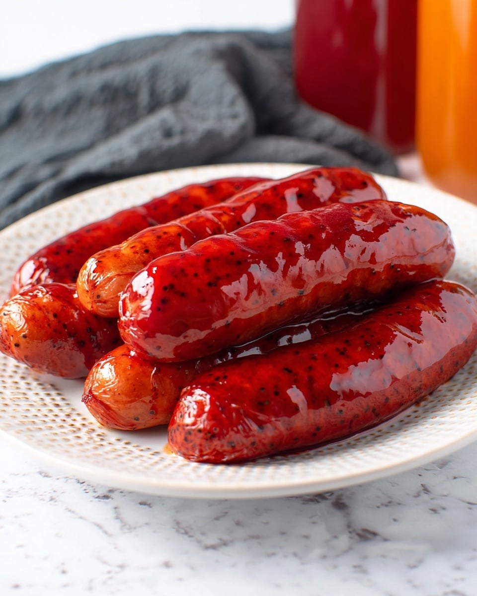 The image shows five shiny reddish sausages with a smooth, glossy surface covered in a thick sauce. They are gathered closely in the center of a white plate with a dotted textured pattern. The sausages have a rich dark red color with speckles of black and small bumps on their surface. The plate is placed on a white marbled texture surface, with a dark gray cloth and two bottles, one red and one orange, blurred in the background. photo taken with an iphone --ar 4:5 --v 7