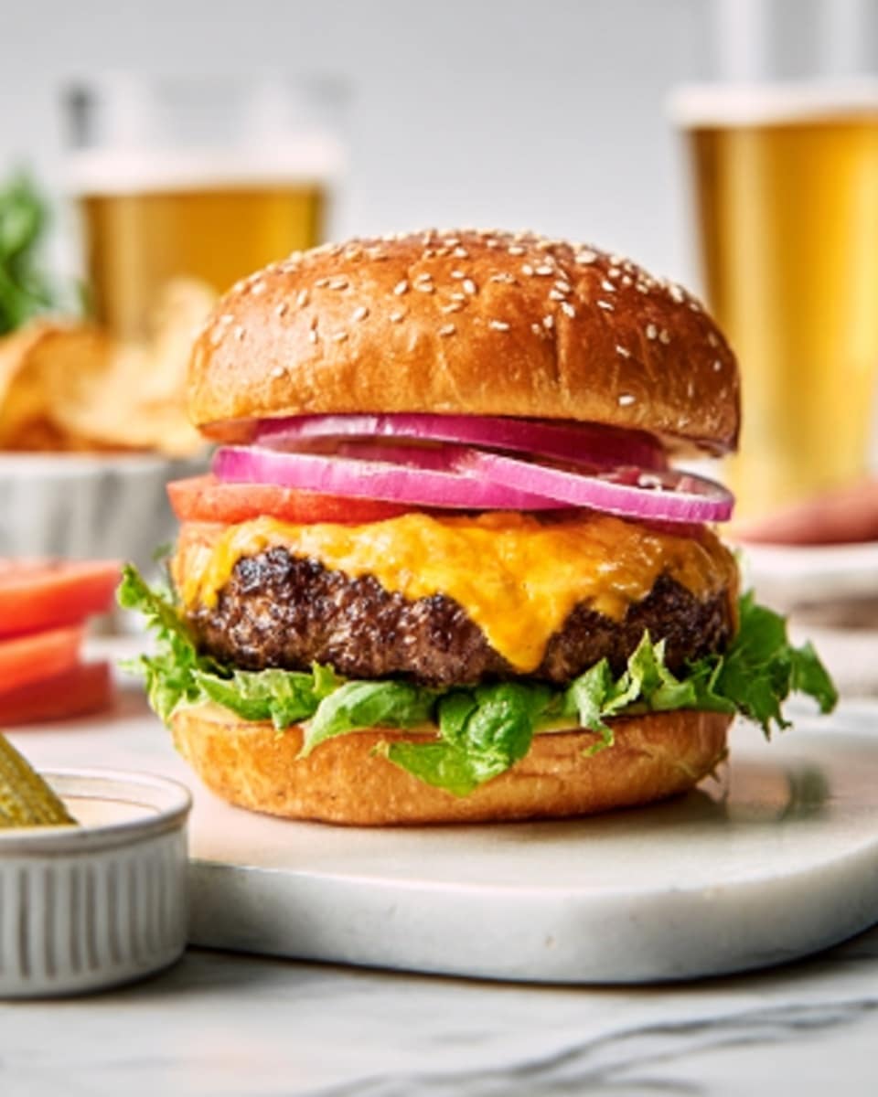 The image shows a tall burger with four main layers on a white sesame seed bun. The bottom bun is soft and lightly toasted, topped by a thick, dark brown grilled beef patty with a melted bright yellow slice of cheese draped over the edges. Above the cheese is a thick, vibrant red slice of tomato, resting under a layer of fresh, curly green lettuce that peeks out from under the top bun covered with sesame seeds. The burger is placed on a round white plate on a white marbled surface. Photo taken with an iphone --ar 4:5 --v 7