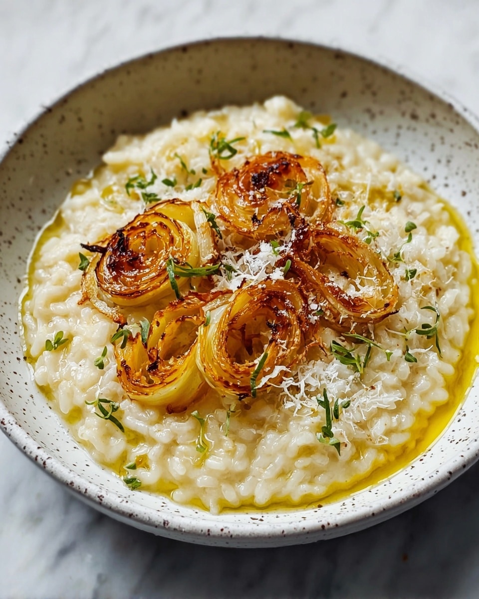 The dish shows a creamy risotto layer filling most of a white speckled bowl, with a shiny, smooth texture and a light yellow tint around the edges, likely from olive oil. On top, there are several curled caramelized fennel slices with golden-brown crispy edges, adding a contrast in texture and color. These slices are sprinkled with finely grated white cheese and small green herb leaves, adding more color and detail to the presentation. The bowl sits on a white marbled surface. photo taken with an iphone --ar 4:5 --v 7