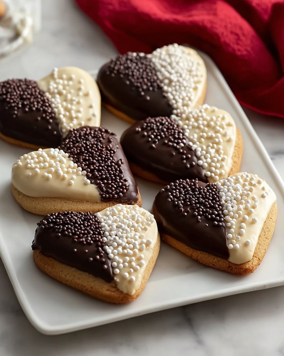 Seven heart-shaped cookies are arranged on a white square plate, placed on a white marbled surface. Each cookie has two layers: a golden-brown base and a top layer divided diagonally into two halves of smooth chocolate icing; one half is dark brown and glossy, the other half is creamy white. The dark brown side of each cookie is sprinkled with tiny round chocolate or white candy beads, while the white side is topped with small white candy beads, creating a textured, dotted effect. A red cloth is softly blurred in the background. Photo taken with an iphone --ar 4:5 --v 7