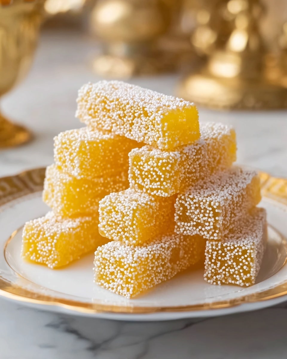 The image shows a stack of eight rectangular orange-yellow jelly bars covered in small white sugar beads, arranged in a crisscross pattern on a white plate with gold trim. The jelly bars have a smooth and semi-translucent texture, with the sugar beads giving a rough, dotted look all over their surfaces. The background has a soft, out-of-focus golden tone, while the plate rests on a white marbled texture. photo taken with an iphone --ar 4:5 --v 7