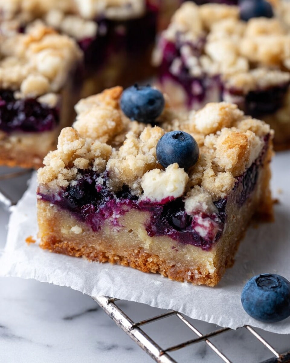 The image shows a close-up of a blueberry crumb bar cut into a square piece, placed on white parchment paper over a metal cooling rack. The bar has three layers: a dense golden brown crust at the bottom, a juicy layer of whole blueberries and some purple juice in the middle, and a light beige crumb topping with a crunchy texture on top. A few fresh blueberries rest around the bar, and the background is a white marbled surface. photo taken with an iphone --ar 4:5 --v 7