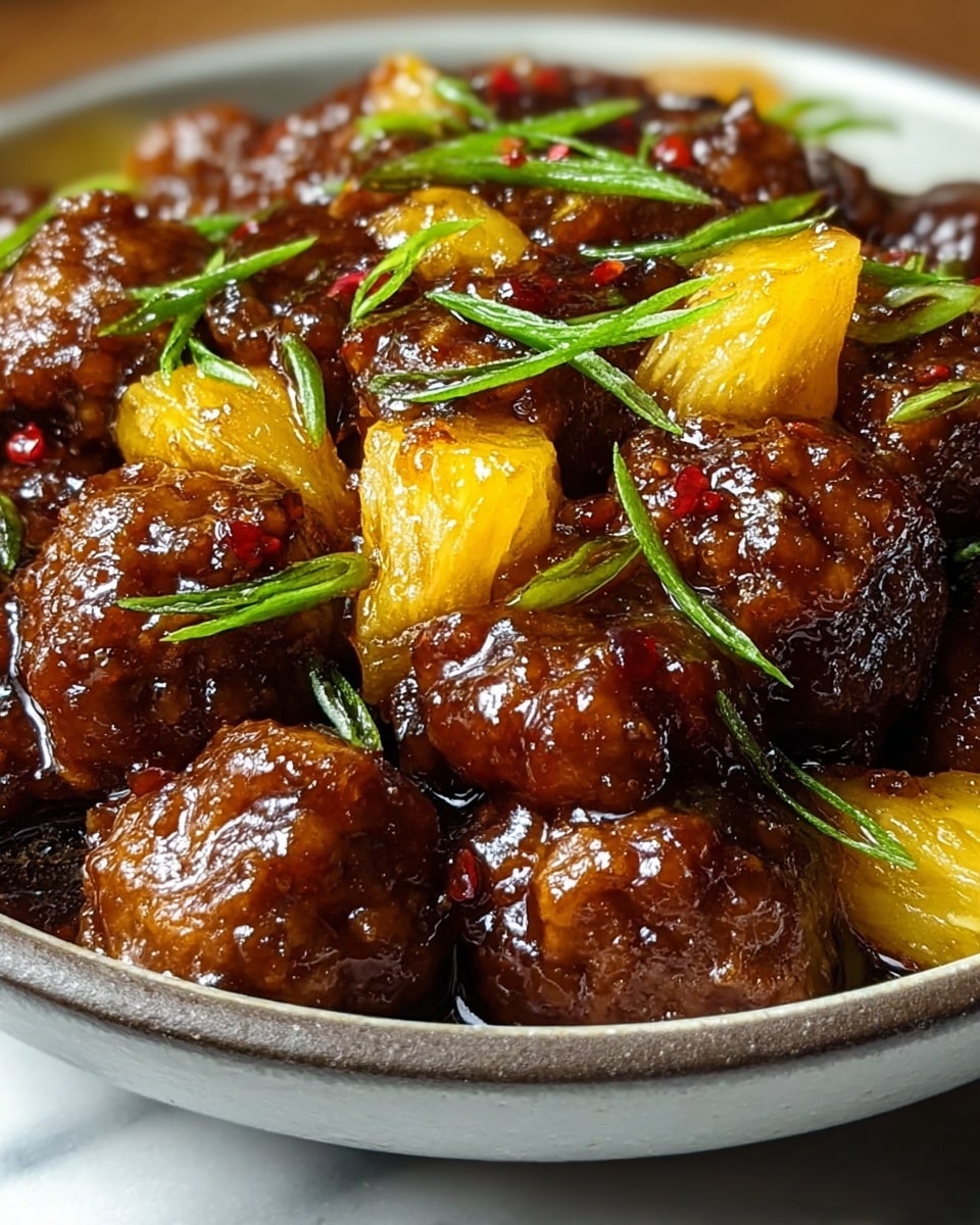 A close-up view of a dish in a white bowl filled with glossy brown meatballs covered in a thick sticky sauce. Bright yellow chunks of pineapple are mixed in among the meatballs. Green thin sliced herbs are scattered on top, adding a fresh contrast to the rich brown and yellow colors. The textures show the smooth shiny sauce coating the round meatballs and the juicy pieces of pineapple alongside. The bowl is placed on a white marbled surface. photo taken with an iphone --ar 4:5 --v 7