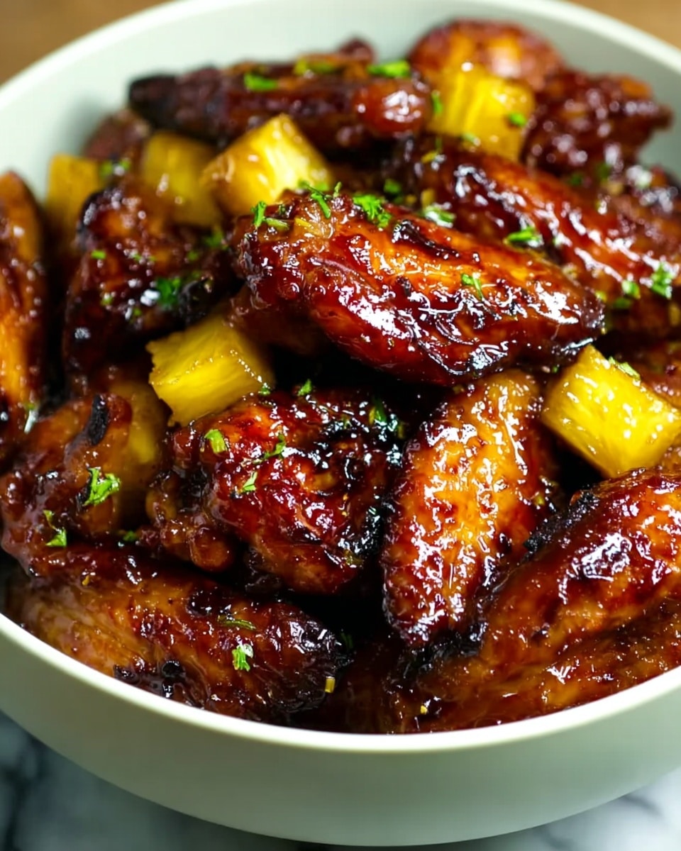 A white bowl filled with glossy, dark brown glazed chicken wings that are richly coated in a sticky sauce. The wings show some charred and caramelized spots, adding texture and depth. Scattered throughout the wings are small, bright yellow pineapple chunks with pine green herbs sprinkled lightly on top, offering contrast in color and freshness. The photo is close-up, capturing the shiny, juicy details of the chicken and pineapple pieces clearly. The bowl sits on a white marbled texture. photo taken with an iphone --ar 4:5 --v 7