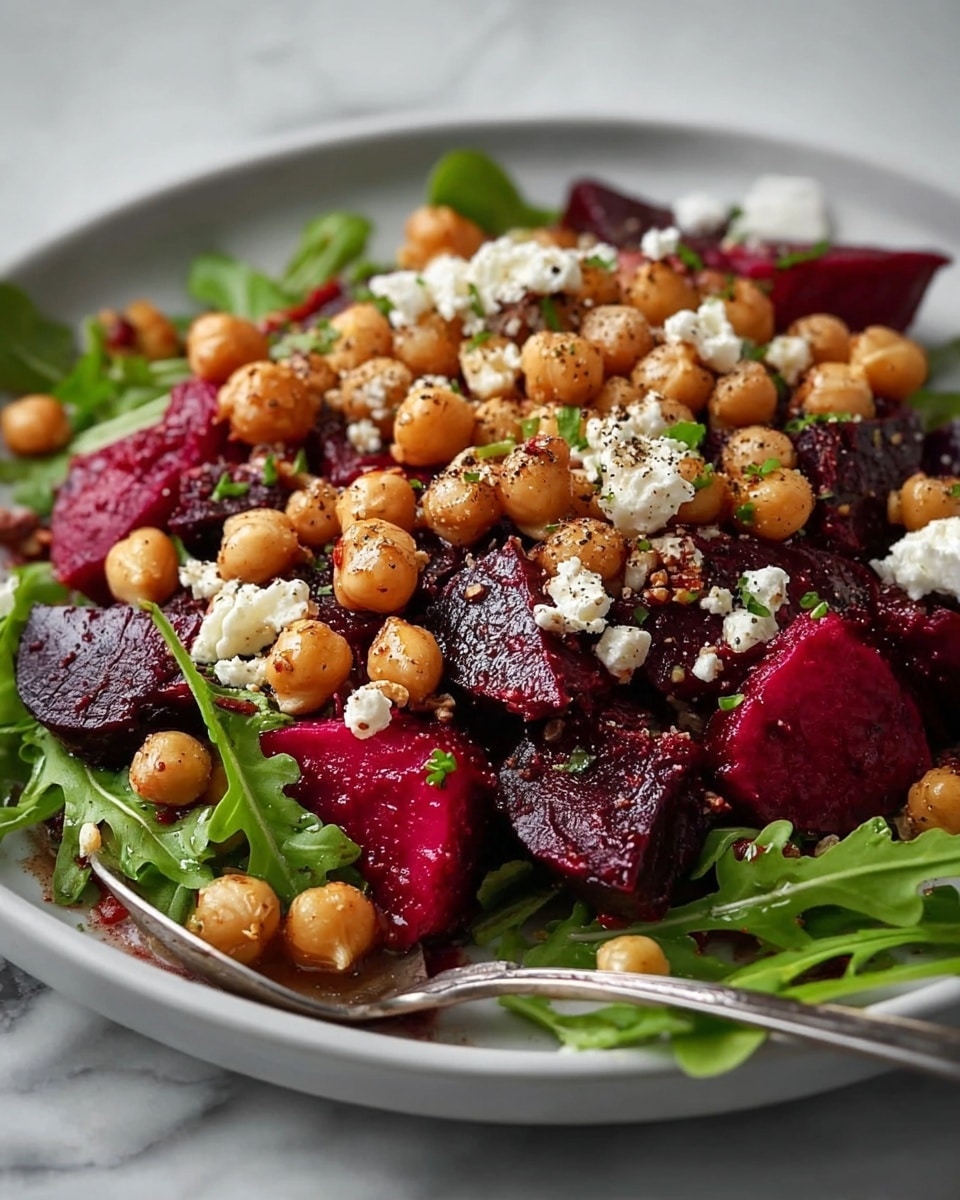 A white bowl filled with a colorful salad showing three main layers: small round beige chickpeas form the base, topped with bright orange carrot cubes, and deep red beet chunks scattered throughout. Fresh green chopped herbs are sprinkled on top alongside small pieces of white cheese, adding texture and brightness. The bowl rests on a white marbled surface with soft shadows around it. photo taken with an iphone --ar 4:5 --v 7