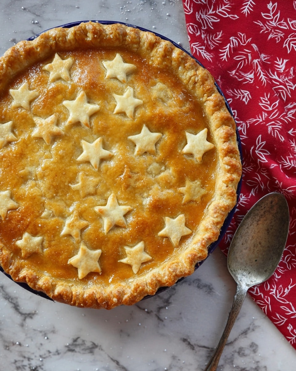 A round pie with a shiny golden crust sits on a white marbled surface, decorated with multiple small and large star-shaped crust pieces evenly spread over the top. The outer edge of the pie crust has a crimped pattern, showing a slightly deeper golden brown. To the right of the pie, there is a large, worn silver spoon placed on the white marbled surface. Part of a red cloth with white leaf patterns is visible in the upper right corner near the pie. Photo taken with an iphone --ar 4:5 --v 7