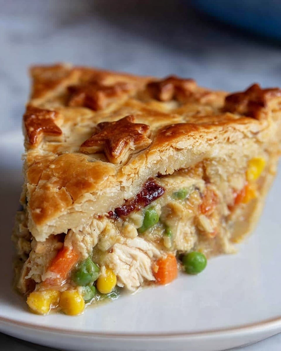 A slice of savory pie with a golden brown, flaky crust on top, decorated with small star-shaped pastry pieces evenly spread over the surface. Inside, the filling shows layers of mixed vegetables like green peas, yellow corn, and orange carrots, along with chunks of white chicken and bits of dark red sauce or chutney. The crust is thick and crumbly, encasing the colorful filling tightly. The slice is placed on a white plate with a smooth white marbled background. photo taken with an iphone --ar 4:5 --v 7