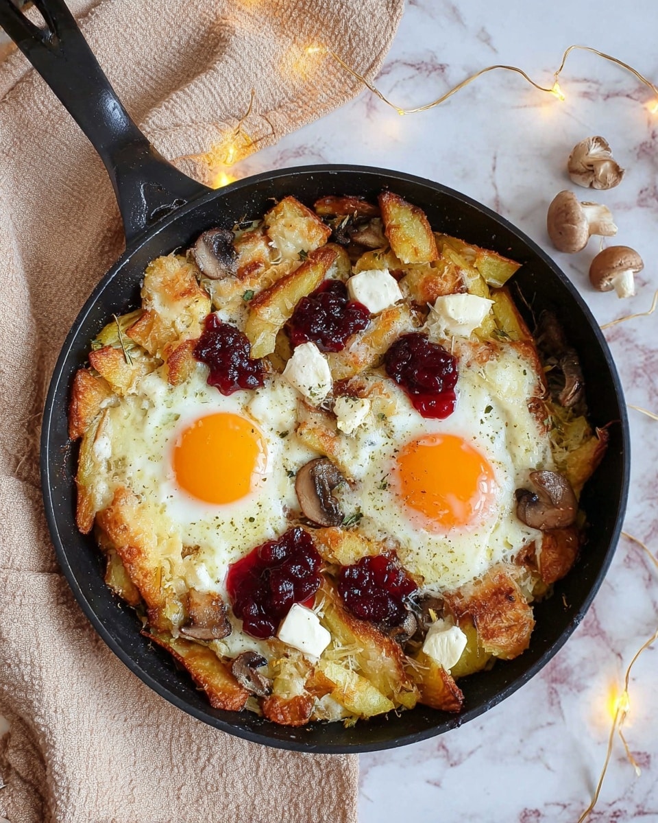 A black small skillet filled with a mix of crispy golden-brown potato pieces forming the base layer, topped by two sunny-side-up eggs with bright orange yolks and firm white edges placed near the center; scattered on top are small white cream cheese chunks and dark red dollops of jam, with some browned mushroom slices visible around the edges, all set on a white marbled surface with soft yellow fairy lights and a beige cloth nearby. photo taken with an iphone --ar 4:5 --v 7