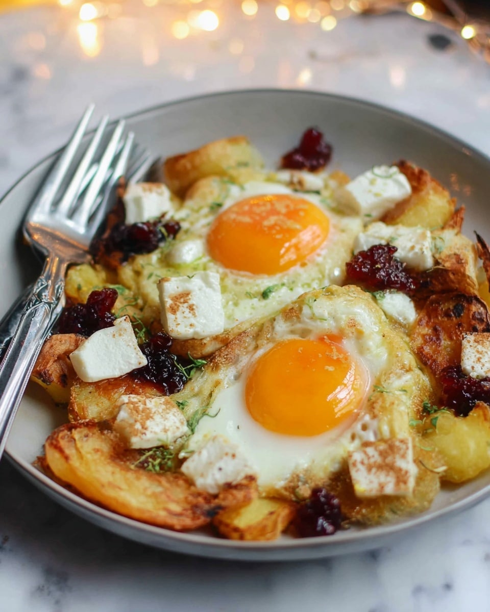 A white plate holds a dish with two sunny-side-up eggs, their bright orange yolks slightly runny and surrounded by cooked white edges. The eggs rest on a layer of golden brown, crispy potato slices that have a rough texture and some charred edges. Scattered on top and around are small chunks of creamy white cheese with a soft texture. There are also small dollops of dark red sauce or jam that add pops of color. The dish is presented on a white marbled surface with a silver fork placed on the left side of the plate, and soft warm lights blur in the background. Photo taken with an iphone --ar 4:5 --v 7
