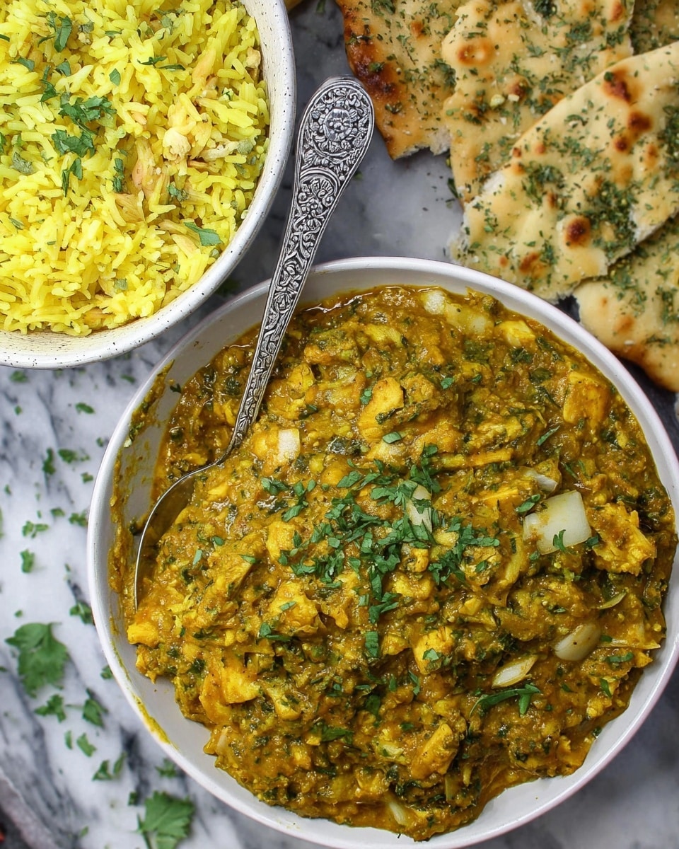 The image shows a close-up of a meal with three main parts on a white marbled surface. On the bottom right, there is a white bowl filled with a thick, textured curry made of yellowish-orange sauce mixed with green leafy bits and chunks of white vegetable, topped with chopped fresh green herbs. Inside the bowl, a decorative silver spoon with intricate fruit and vine patterns rests partially inside the curry. On the top left, there is a smaller white bowl filled with yellow rice, garnished with scattered small green herbs. At the top right, two pieces of flatbread with visible green herb seasoning lie next to the bowls. Some small green herb leaves are scattered on the white marbled surface around the bowls. photo taken with an iphone --ar 4:5 --v 7