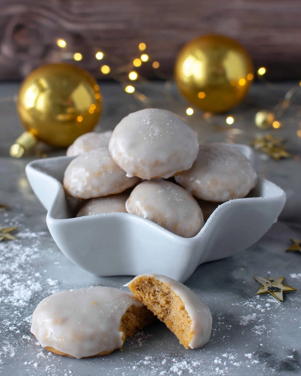 The image shows a group of round cookies with a smooth, light beige icing layer covering each one. One cookie is cut in half and placed on top, revealing a thick inner layer of crumbly, golden brown cookie dough with a fine, grainy texture. The cookies rest on a white marbled surface with golden festive balls and small blurred string lights in the background, giving a cozy holiday feel. photo taken with an iphone --ar 4:5 --v 7